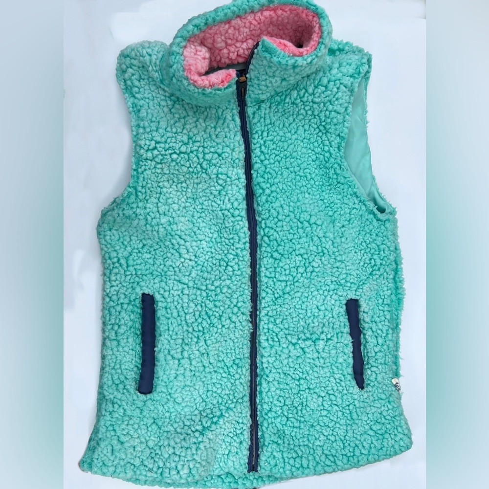 Simply Southern Women's Teddy Sherpa vest aqua teal trimmed in pink size M